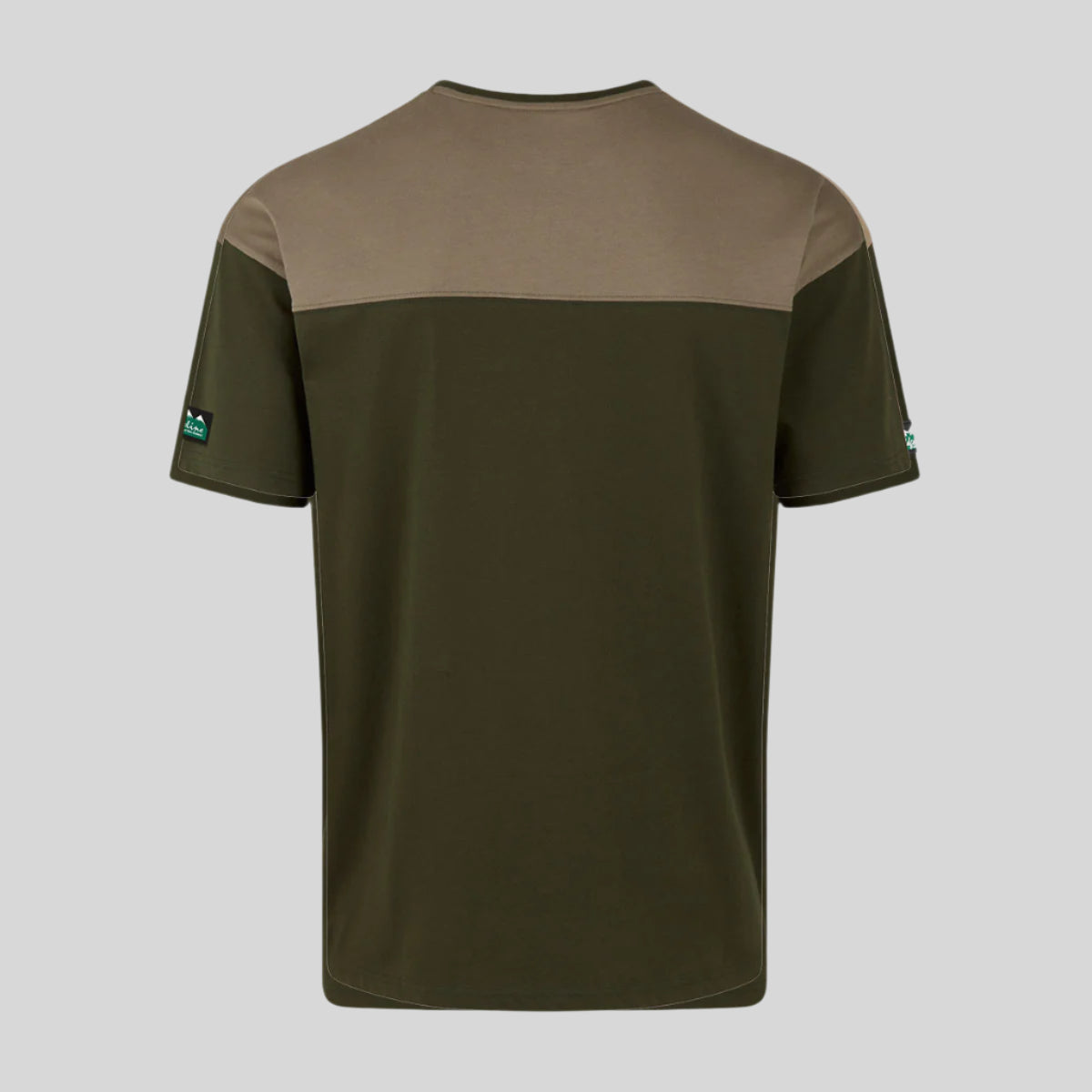 back view of Green and brown two-tone t-shirt on a white background