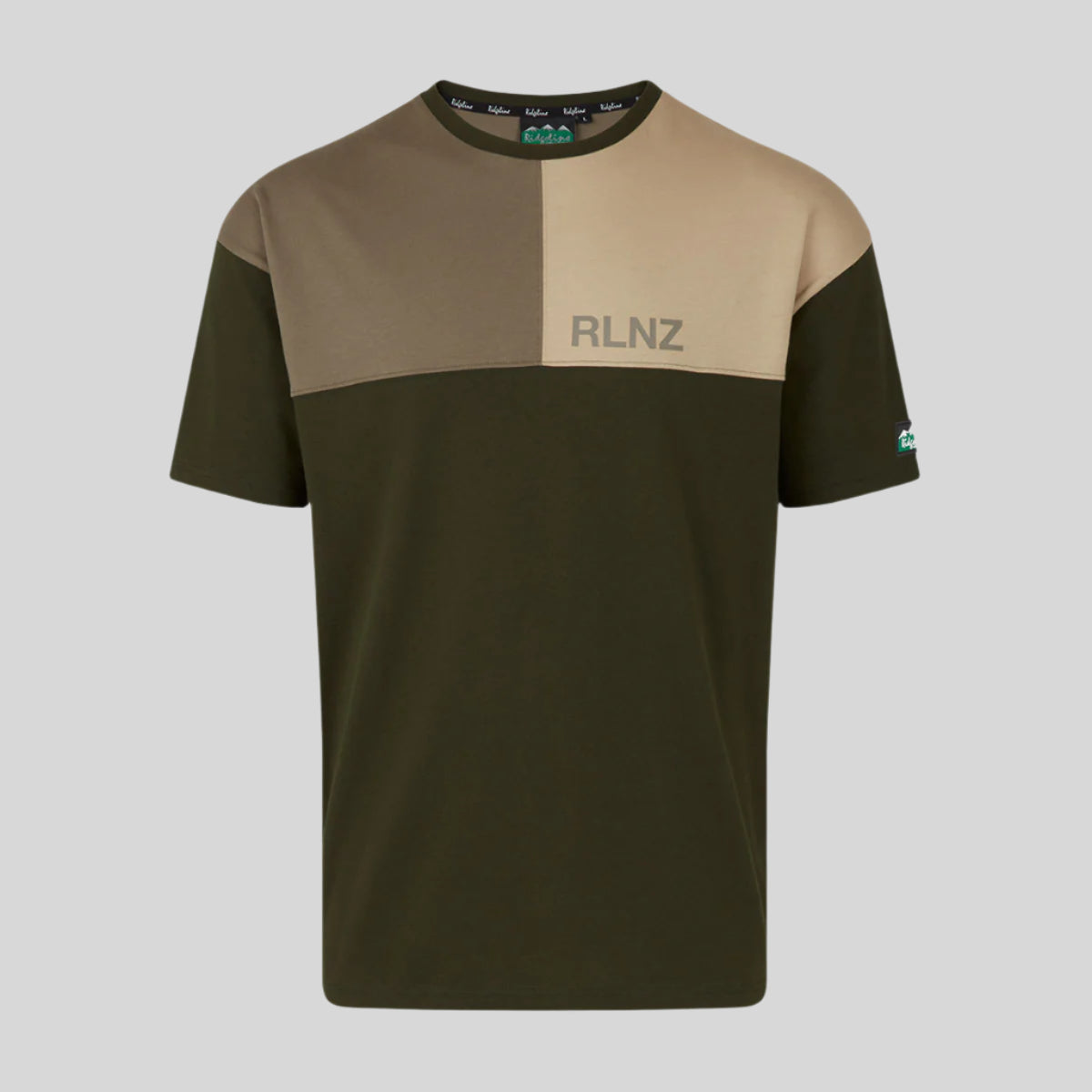 Two-tone brown and green t-shirt with 'RLNZ' branding on a white background