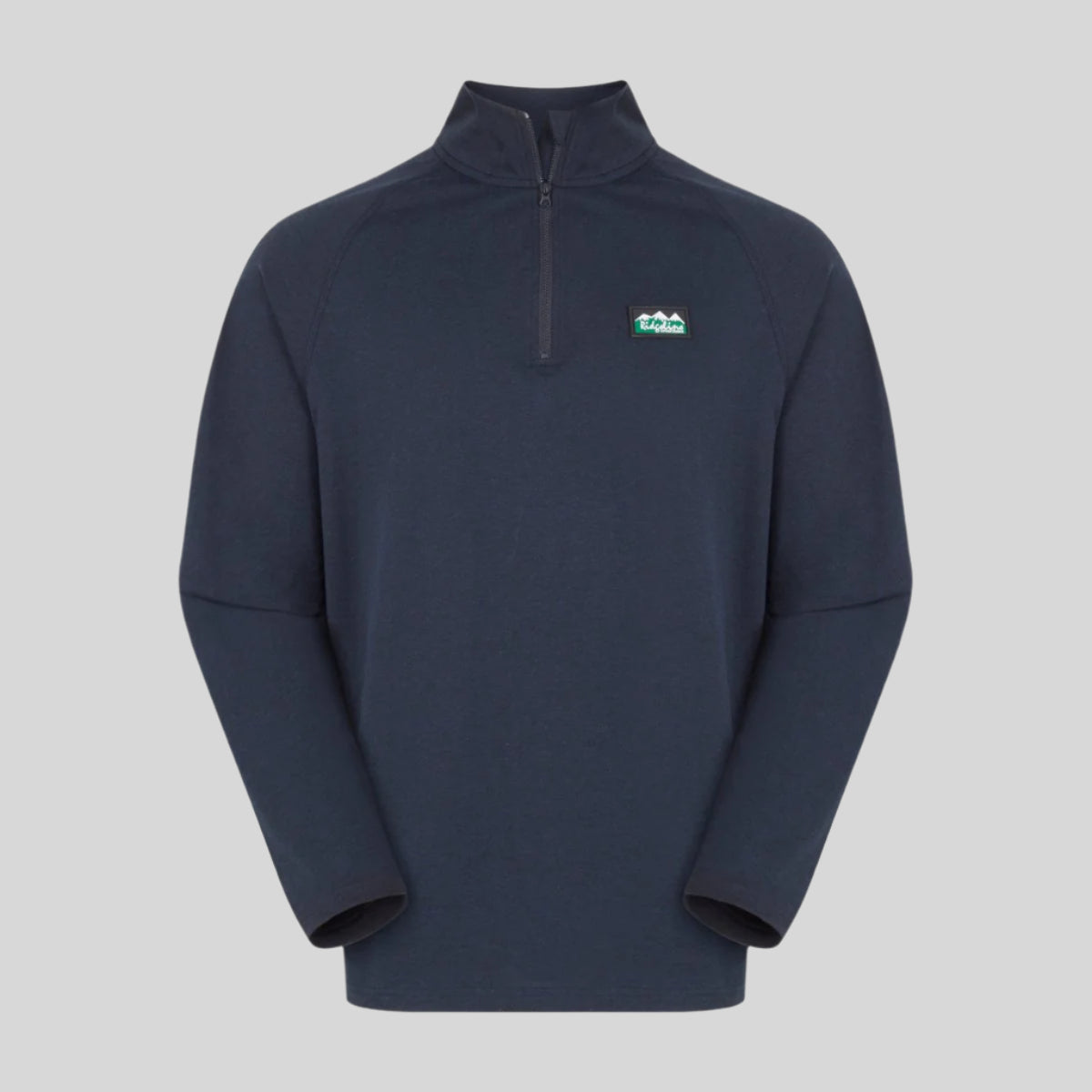 A navy blue zip-top fleece with a quarter zipper and raglan sleeves, displaying Ridgeline Clothing logos on chest