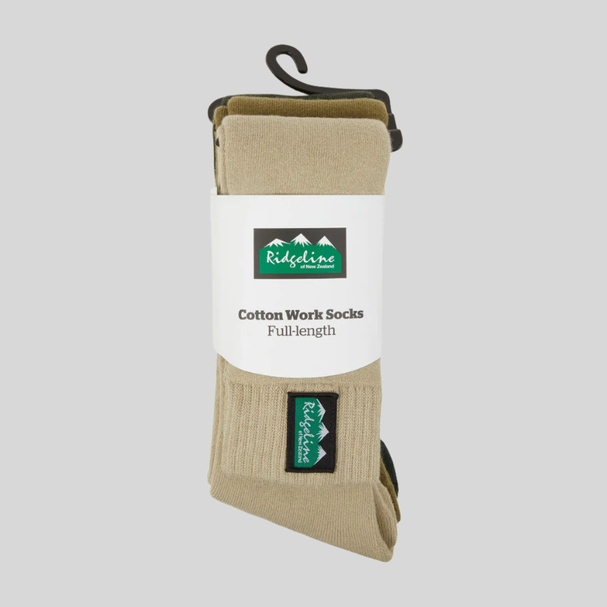 Beige cotton work socks with a Ridgeline label on a white background