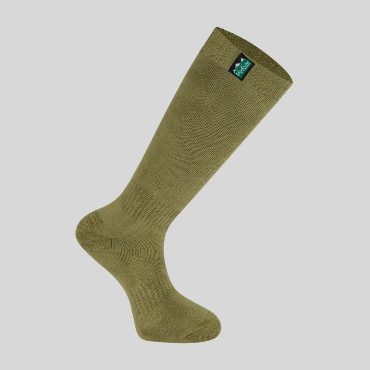 Green knee-high sock with a brand logo on a white background