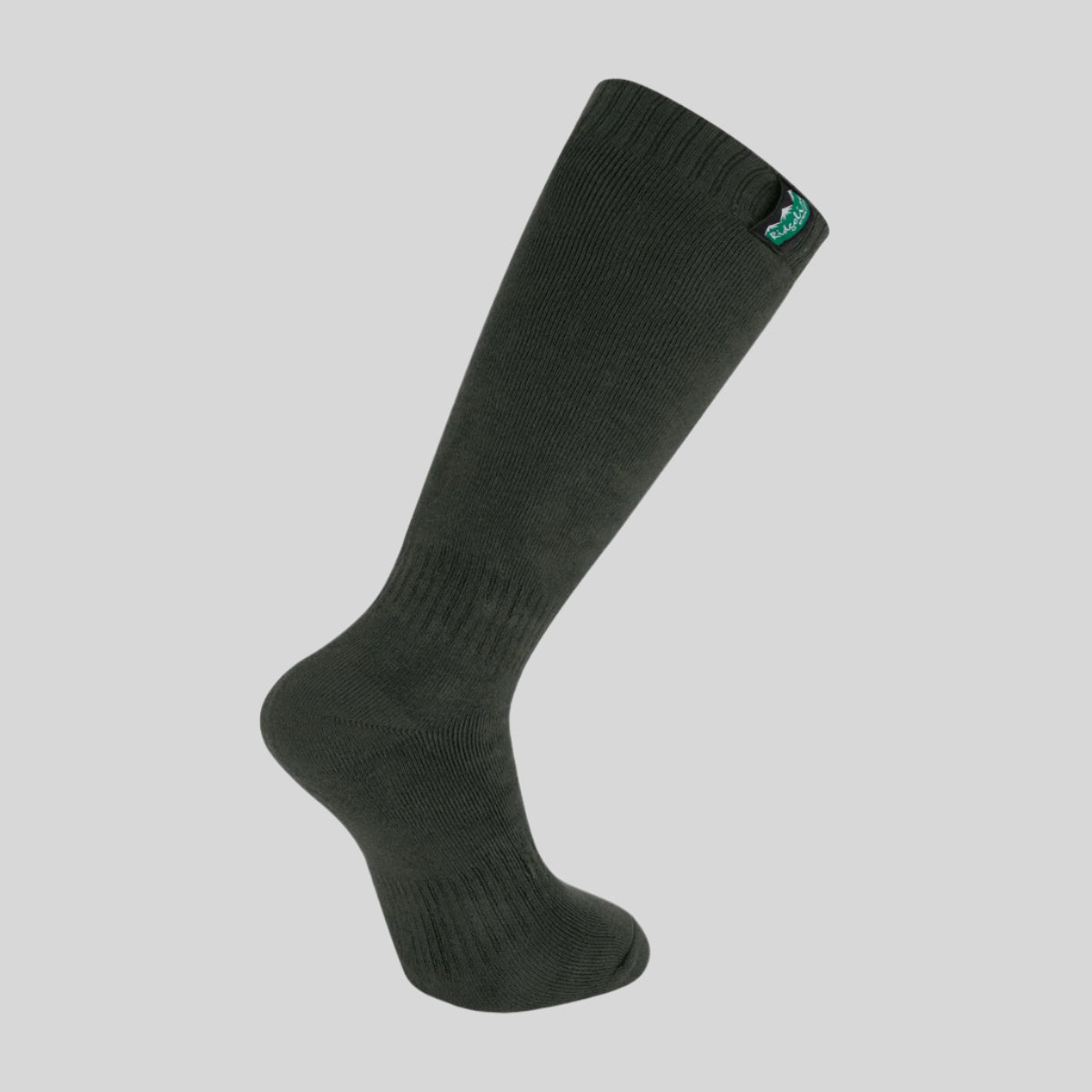 green knee-high sock with a brand logo on a white background