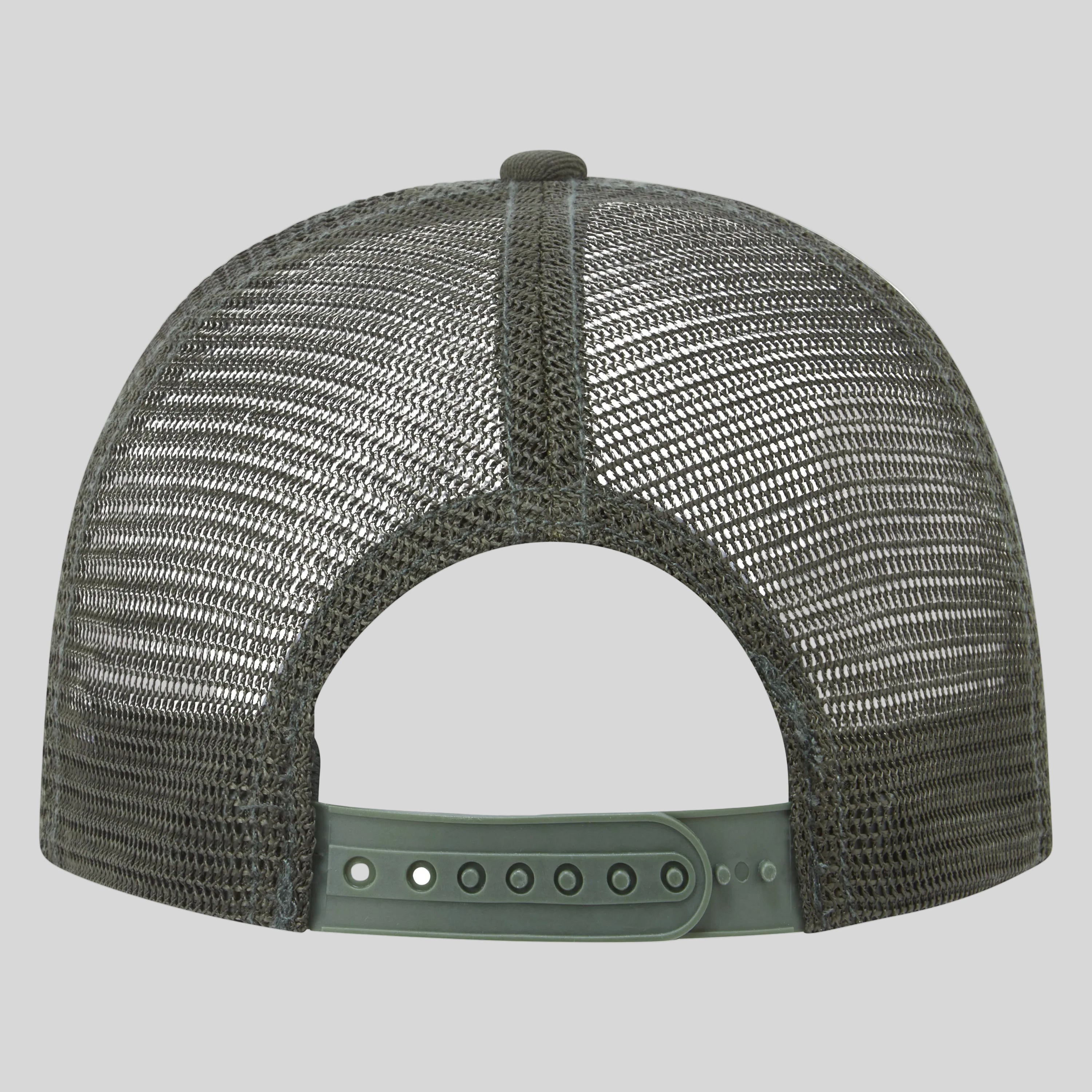 Trucker cap with mesh back and green band on a grey background