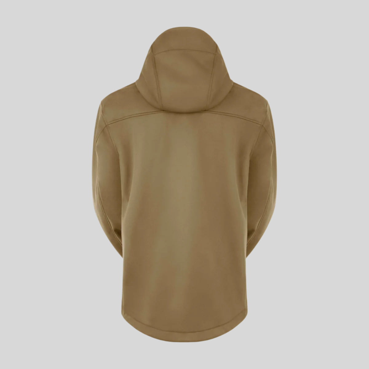 back view of brown jacket with hood. On a white background