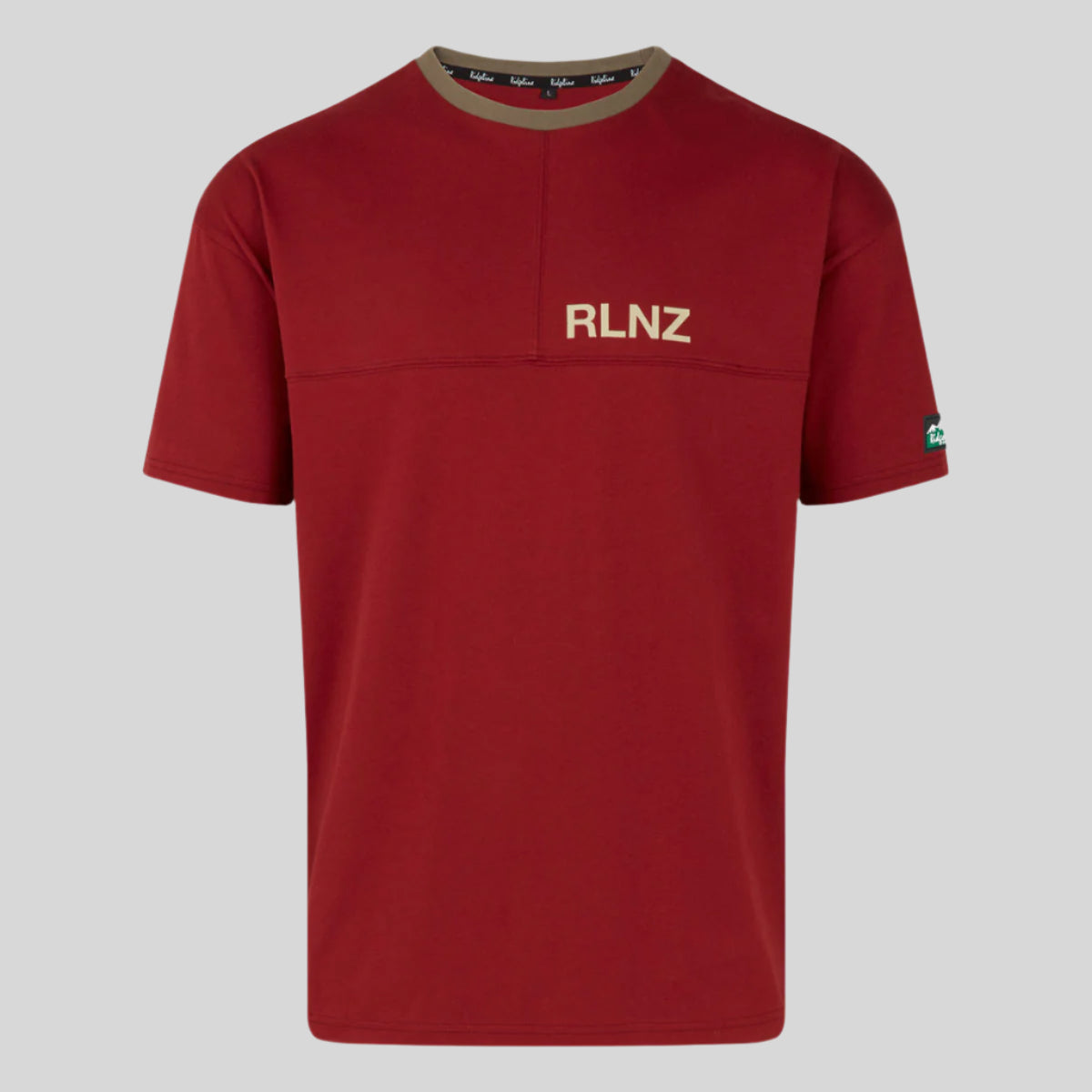 Red t-shirt with 'RLNZ' logo on a white background