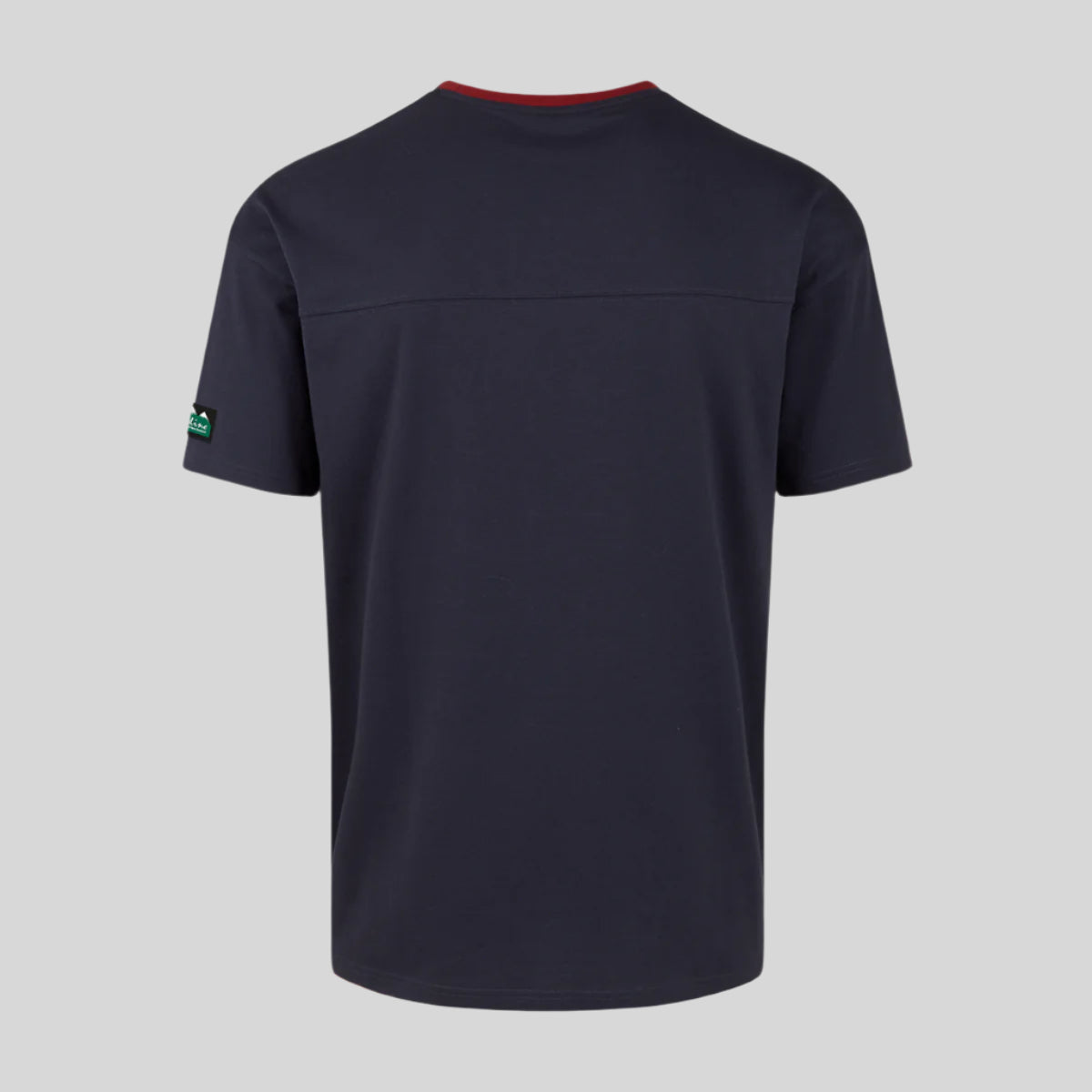 Navy blue t-shirt with a small logo on the arm against a white background