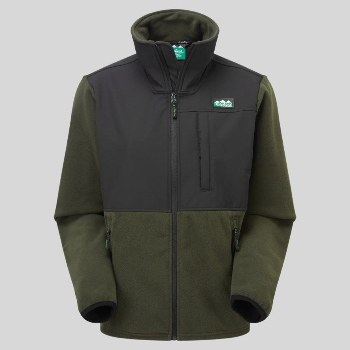 A green and black hybrid jacket with a high collar, zip pockets, and an adjustable drawcord at the hem.