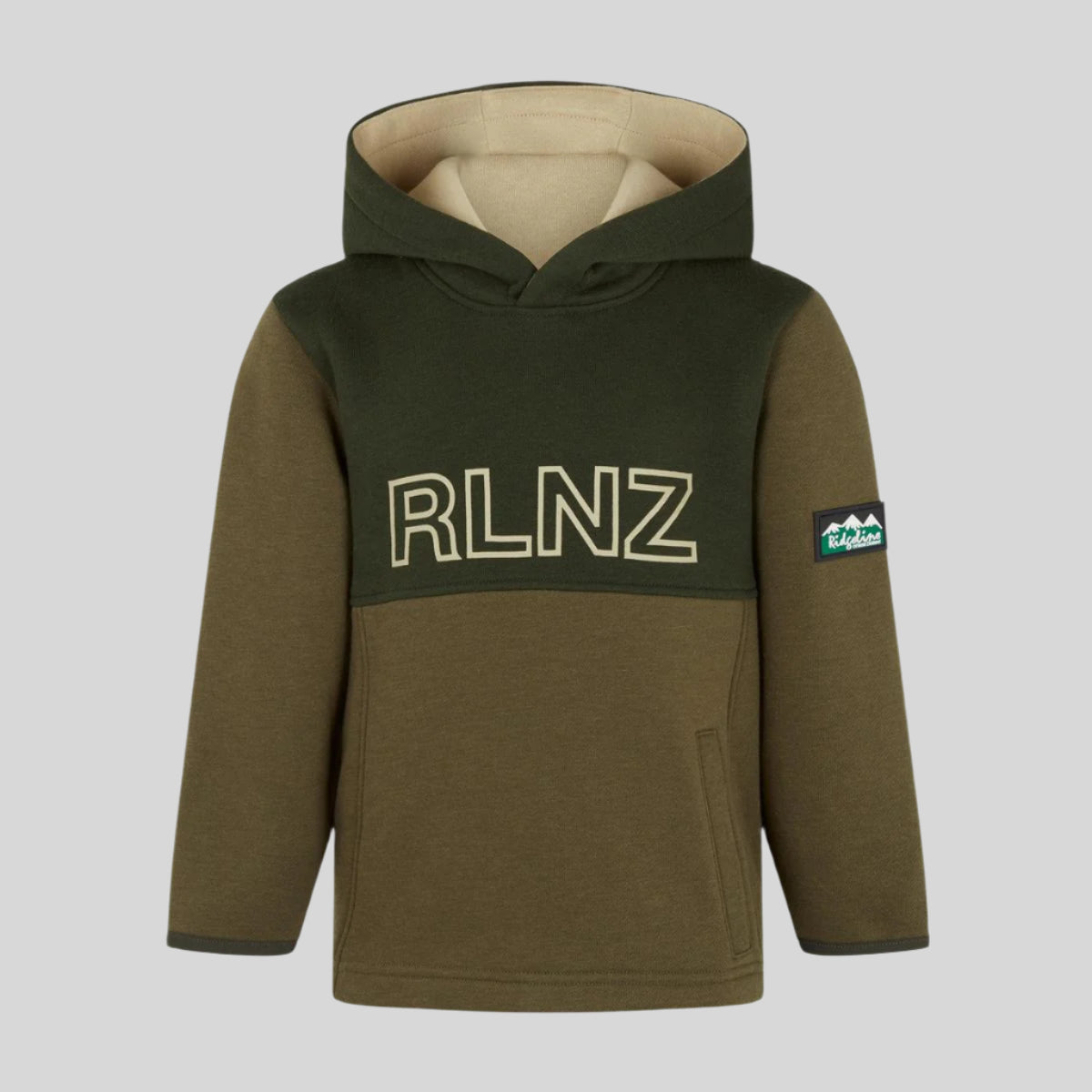 Kids' green hoodie with a hood, an open kangaroo pocket, and the 'RLNZ' logo on the chest.