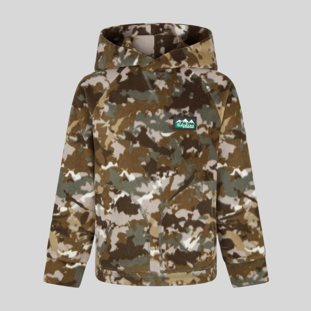 A kids' hoodie with camouflage pattern, featuring a hood and a front pocket. on a white background