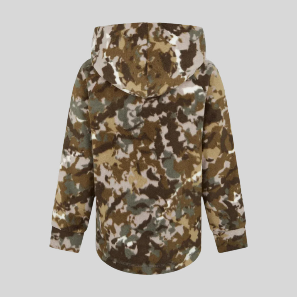 back view of a kids' hoodie with camouflage pattern, featuring a hood. on a white background