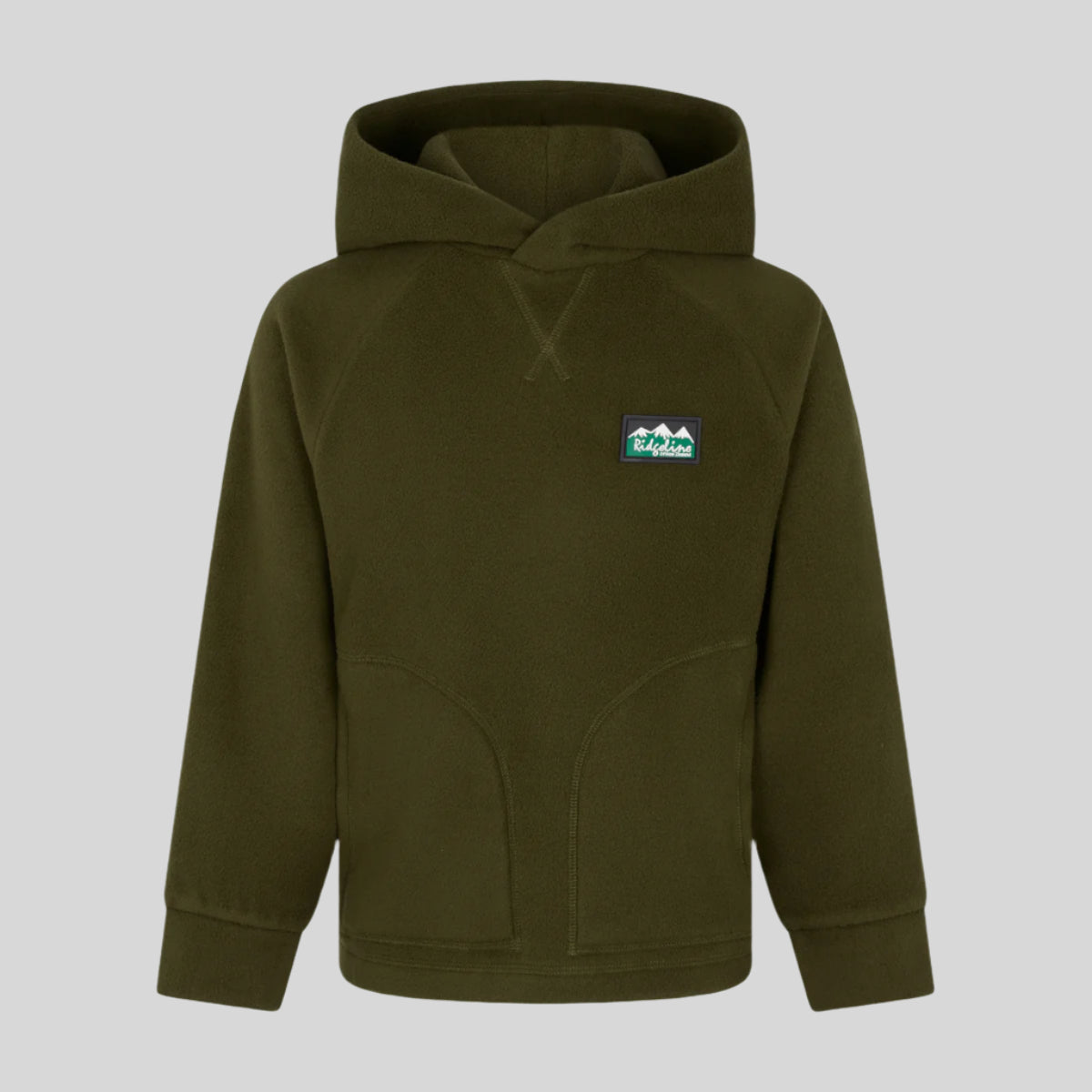 Green kids fleece hoodie with Ridgeline Clothing Logo on chest. On a white background