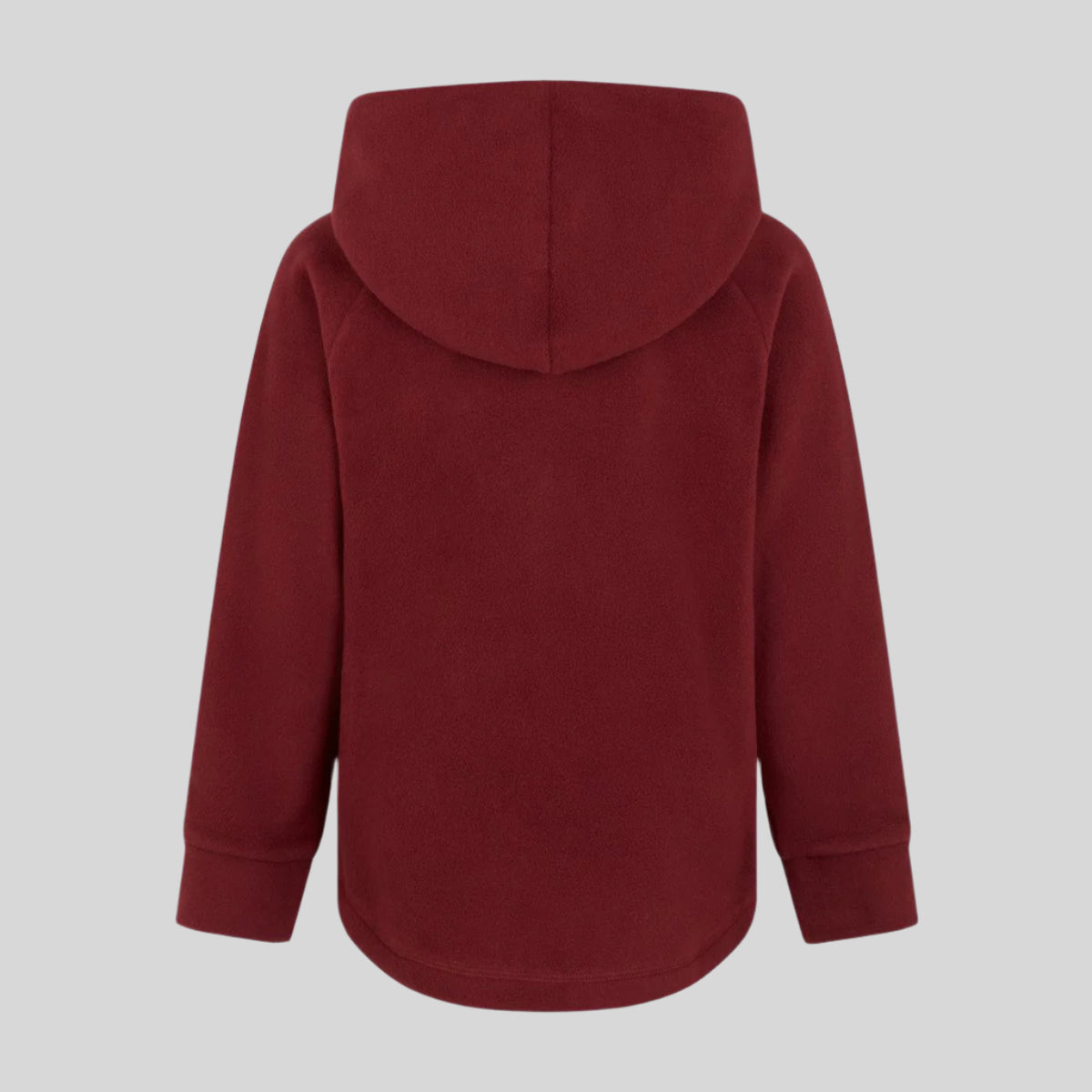 back view of red kids fleece hoodie. On a white background