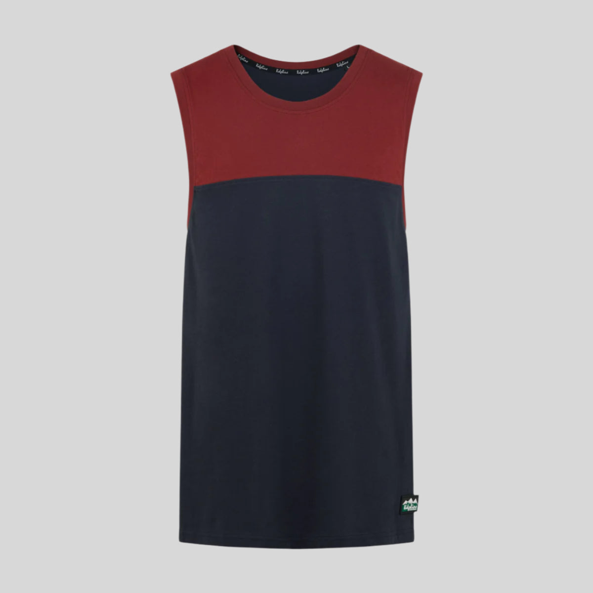 A sleeveless singlet top with a red upper and navy lower colour blocks, featuring a round neckline and a small Ridgeline Clothing brand logo on the bottom right. On a white background
