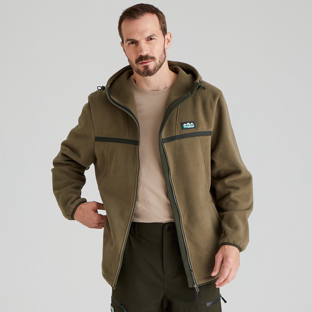 Man wearing brown windproof fleece jacket