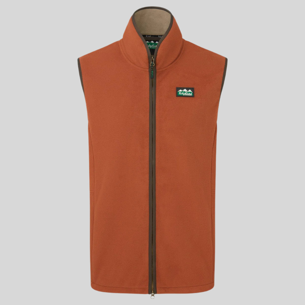 A orange fleece gilet with a high collar, two-way front zip, and hand pockets with zippers. It features a premium faux-suede trim. On a white background