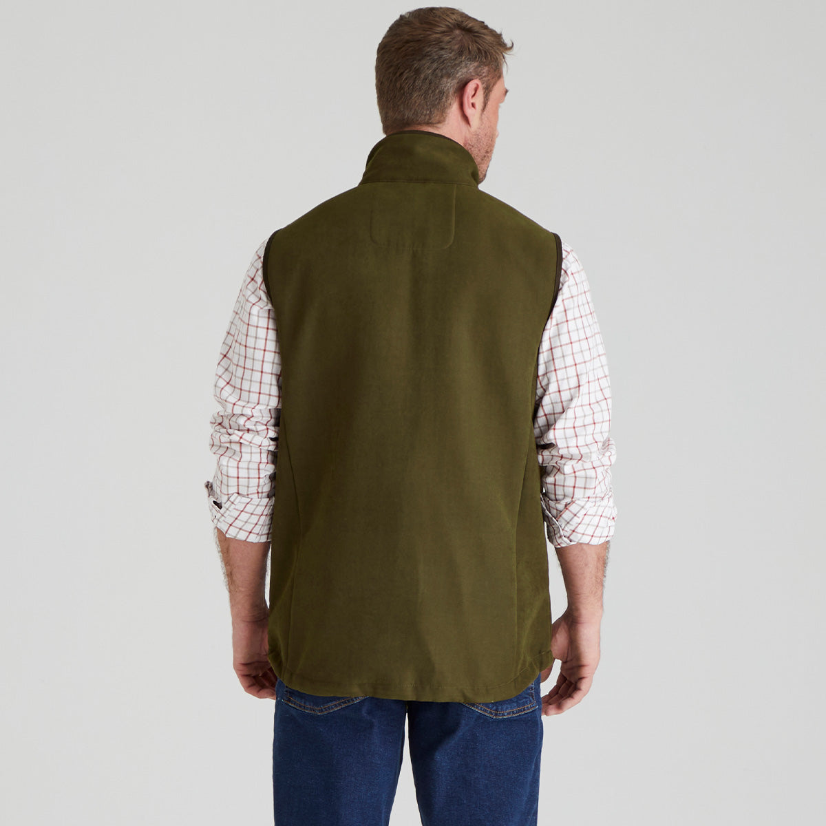 back view of Man wearing Brown windproof fleece with Checked shirt