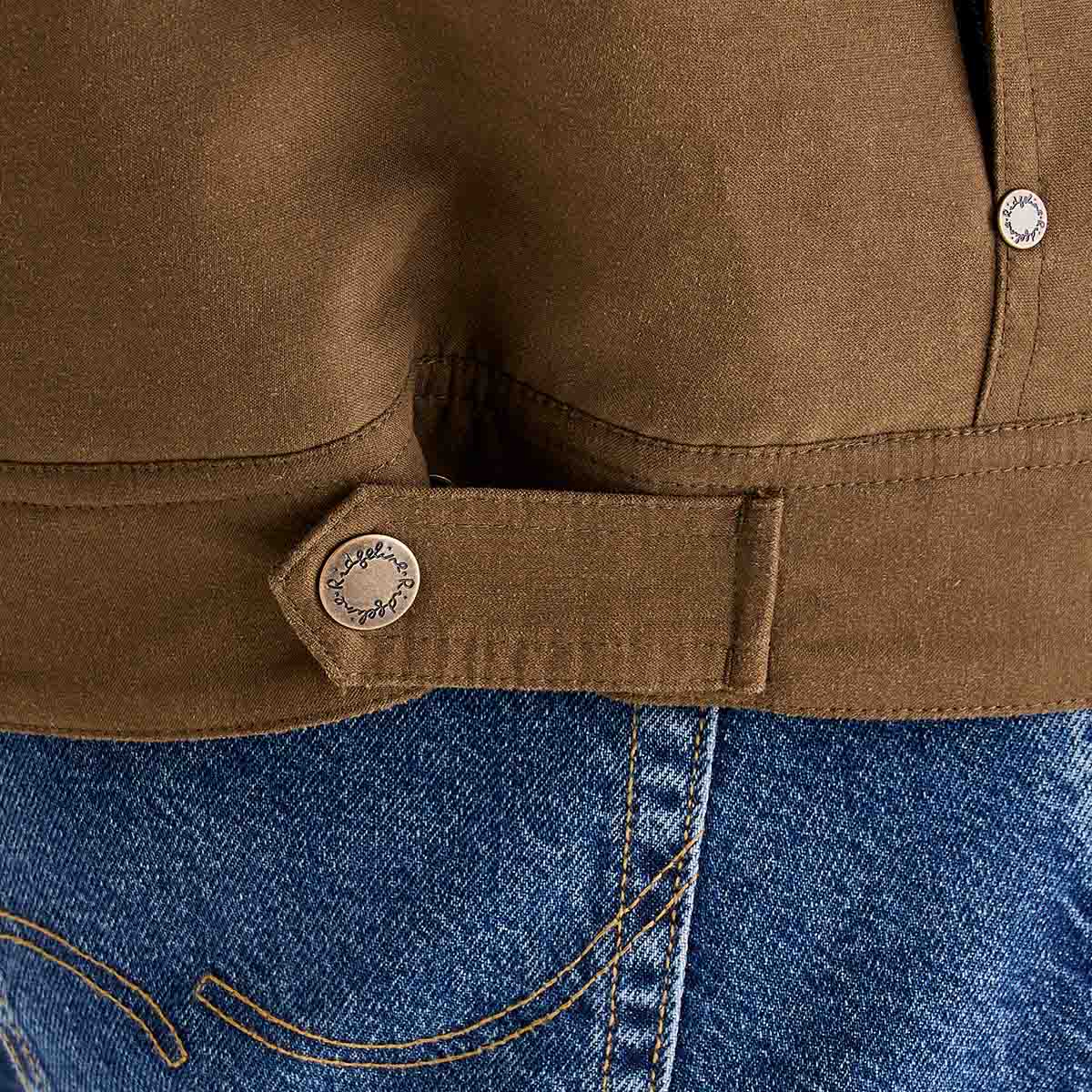 Close-up of a brown jacket with buttons and blue jeans.