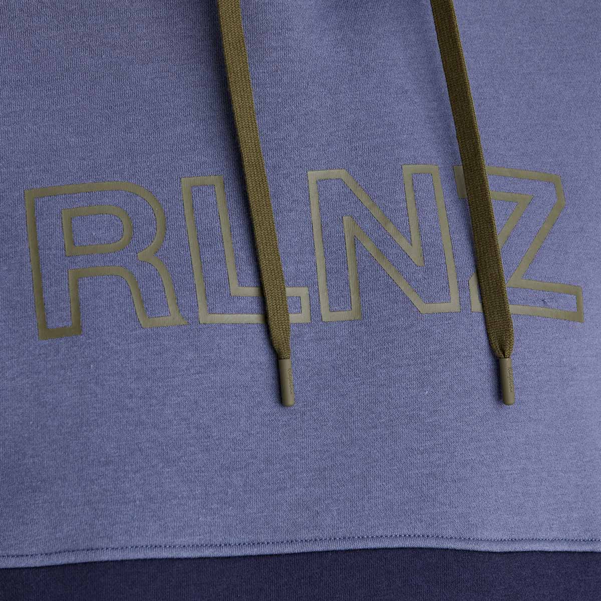 Blue hoodie with 'RLNZ' logo on a blue background