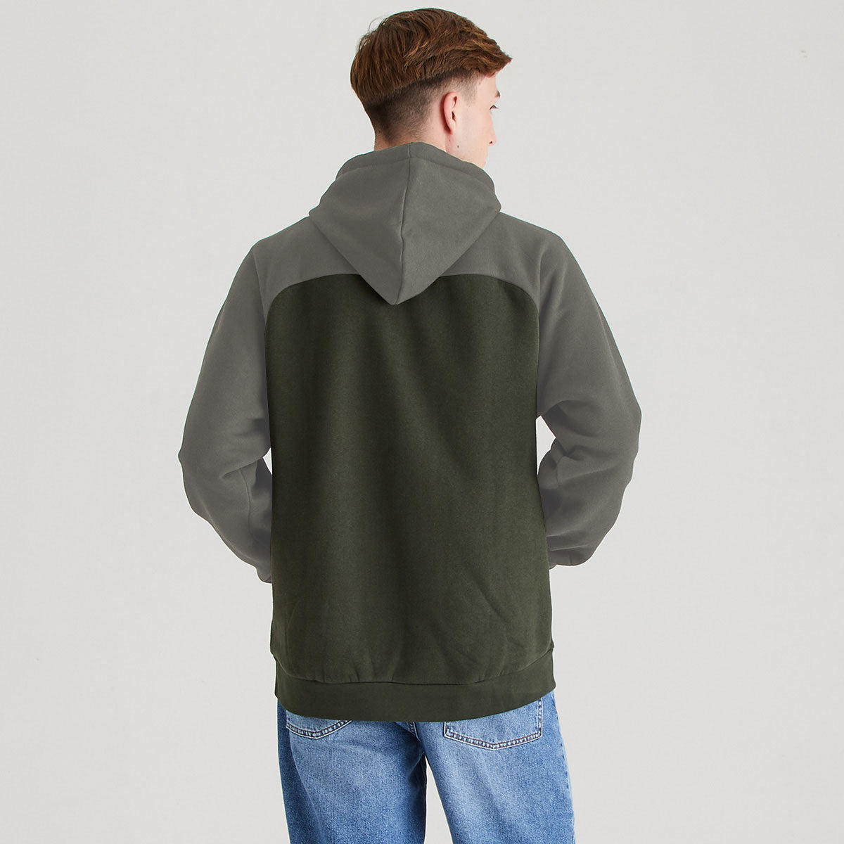 Olive green and grey raglan hoodie with hood, shown from the back with contrasting colour panels and ribbed hem.