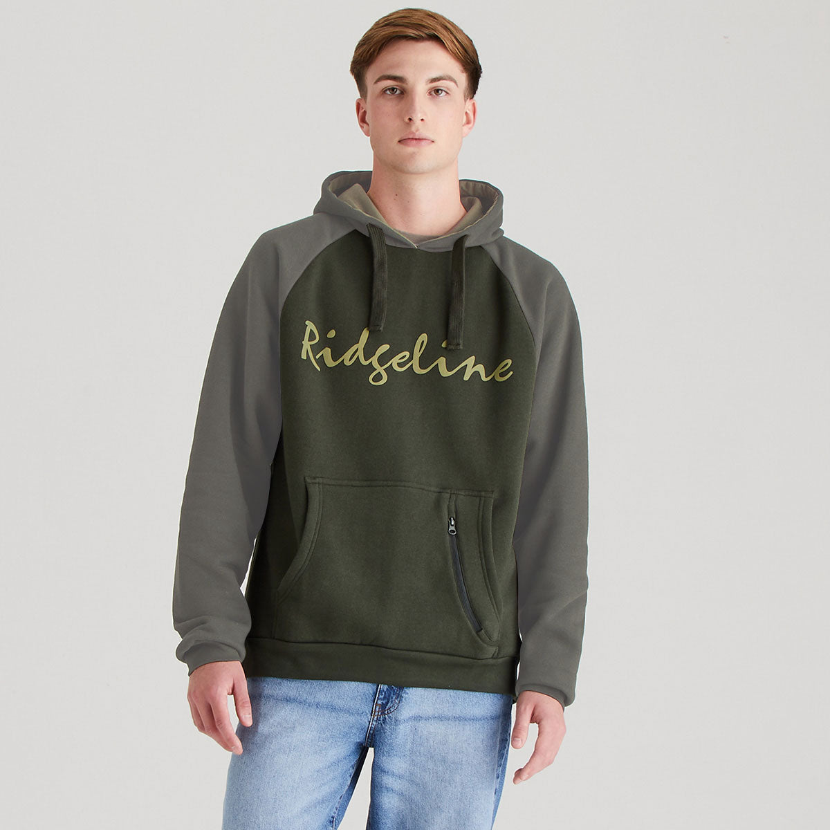 Olive green and grey raglan hoodie with embroidered “Ridgeline” script logo, kangaroo pocket and zip detail, front view.