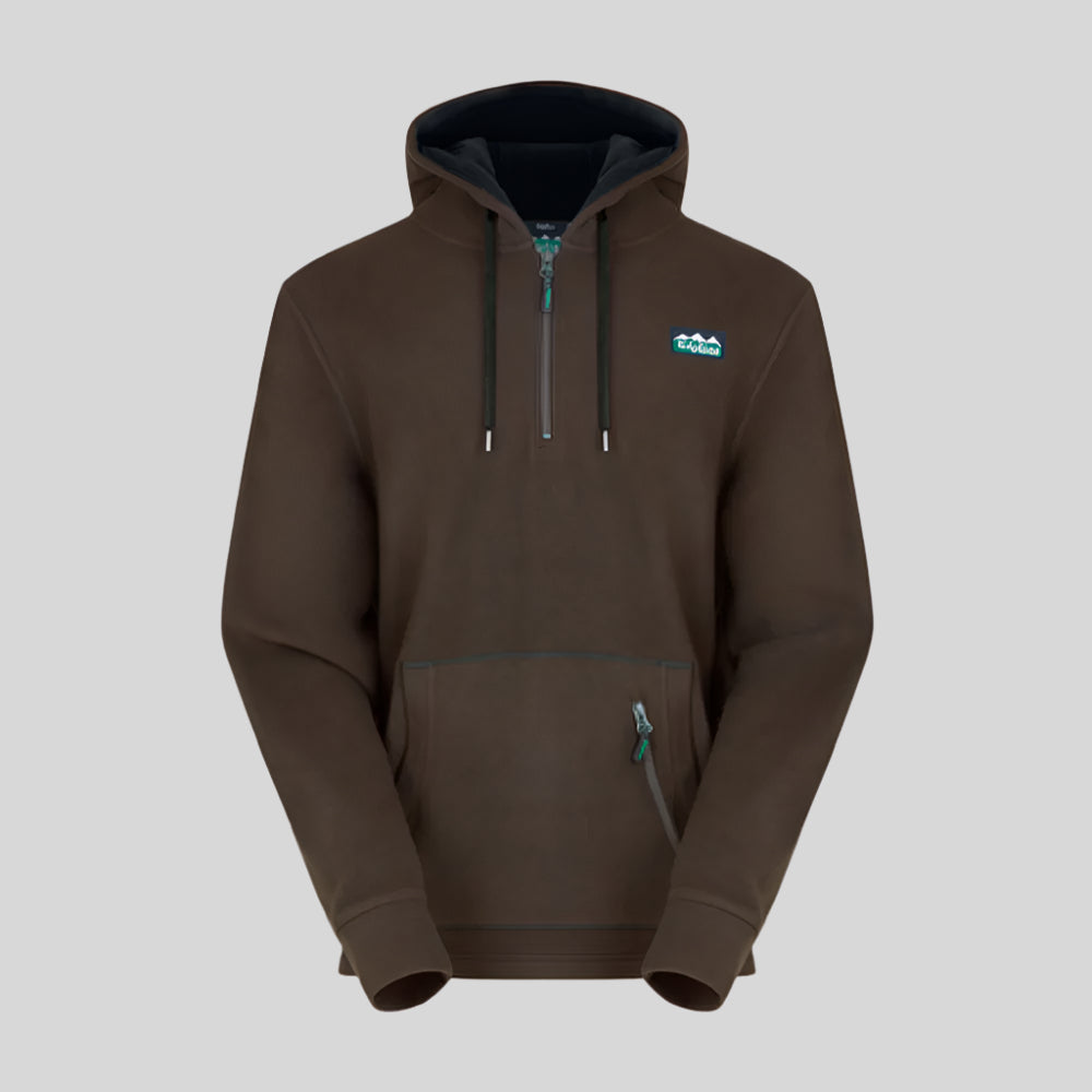 A Brown fleece hoodie with a hood, 1/4 zip front, and thumb-loops at the cuffs. It features a front kangaroo pocket and a secondary zippered pocket. Ridgeline Clothing logo on chest