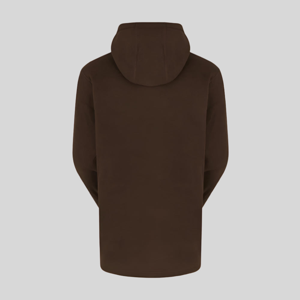 back view of a Brown fleece hoodie with a hood, on a white background