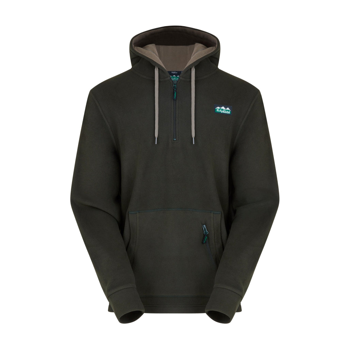 A green fleece hoodie with a hood, 1/4 zip front, and thumb-loops at the cuffs. It features a front kangaroo pocket and a secondary zippered pocket. Ridgeline Clothing Logo on chest