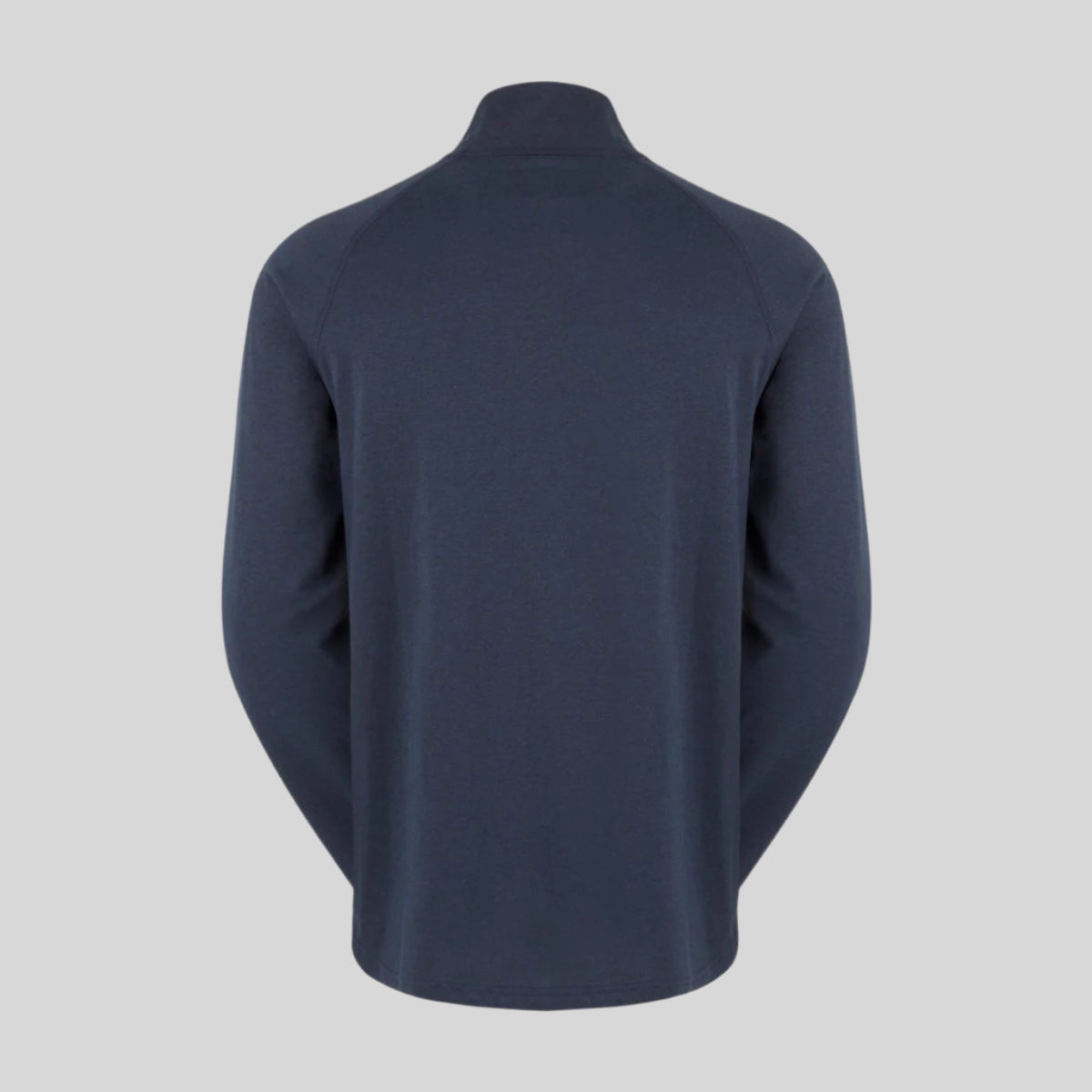 Back view of a navy blue zip-top fleece on a white background