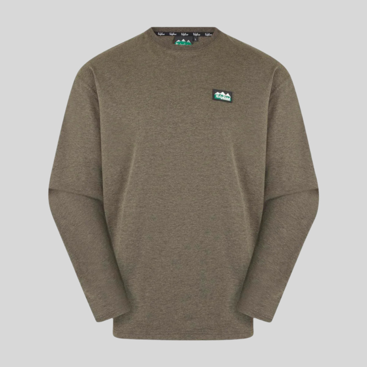 A long-sleeved green crew neck t-shirt made of polyester and cotton.