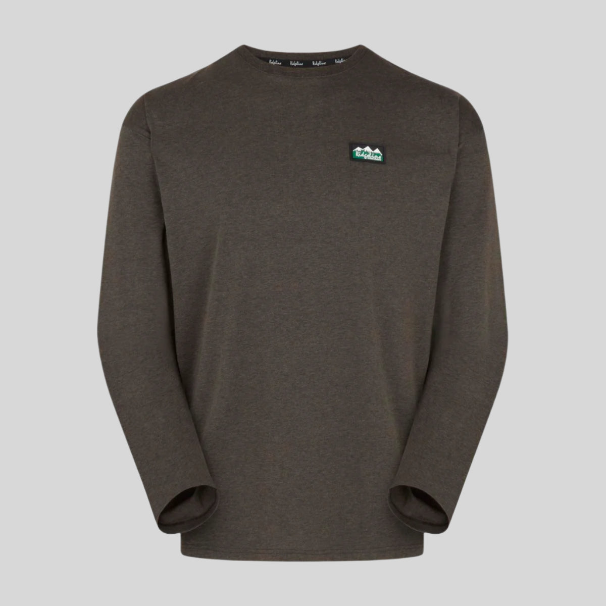 A light bark crew neck long-sleeve baseline top displayed against a white background.
