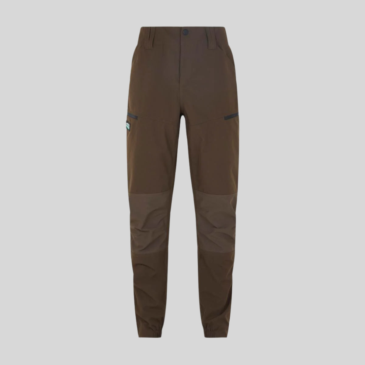 A pair of brown waterproof trousers with reinforced knees, cargo pockets, and side vents. On a white background