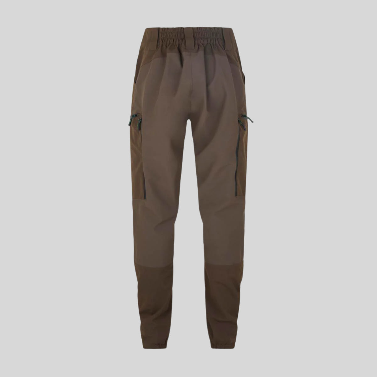 back view of brown trousers on a white background