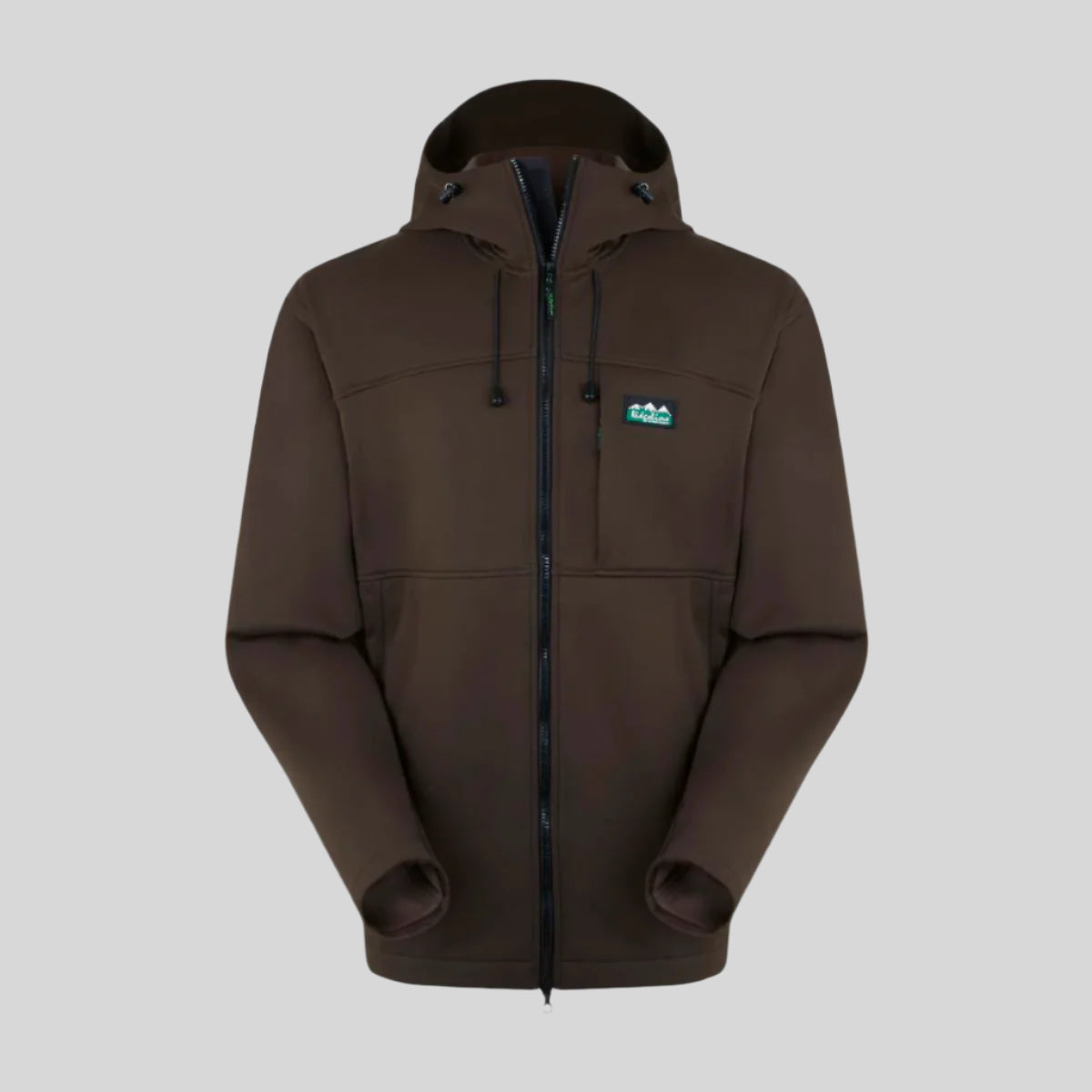 A full-length front view of a brown gradient jacket with a hood, featuring a full-length front zip, two large zipped hand pockets, and a zipped, external chest pocket. on a white background