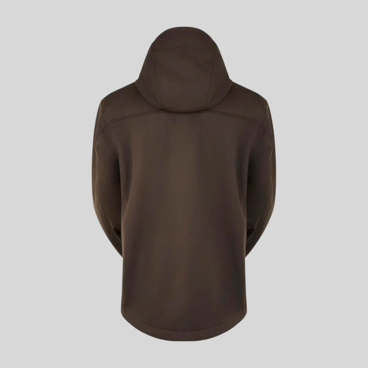 back view of a brown jacket with hood on a white background