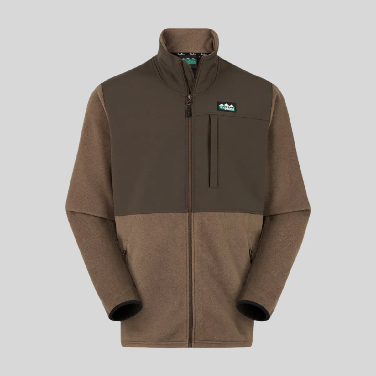 Two-tone brown Windproof fleece jacket with a Ridgeline Clothing logo on a white background