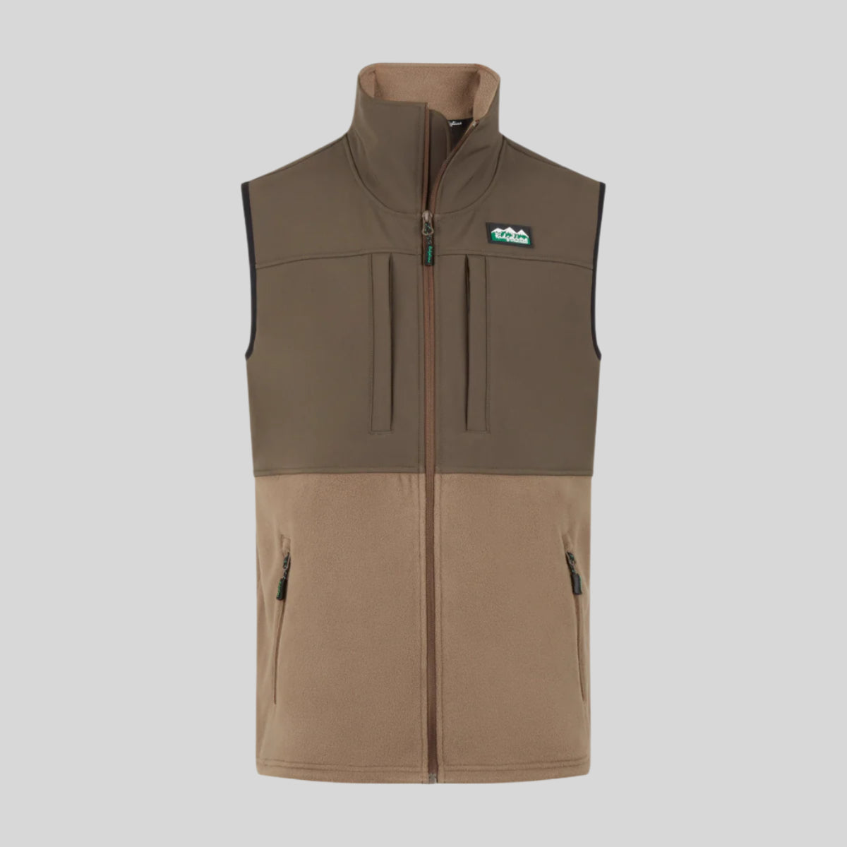 A hybrid vest featuring a combination of brown windproof fleece gilet and softshell materials, with a full-length front zip, chest pockets, and a high neck.