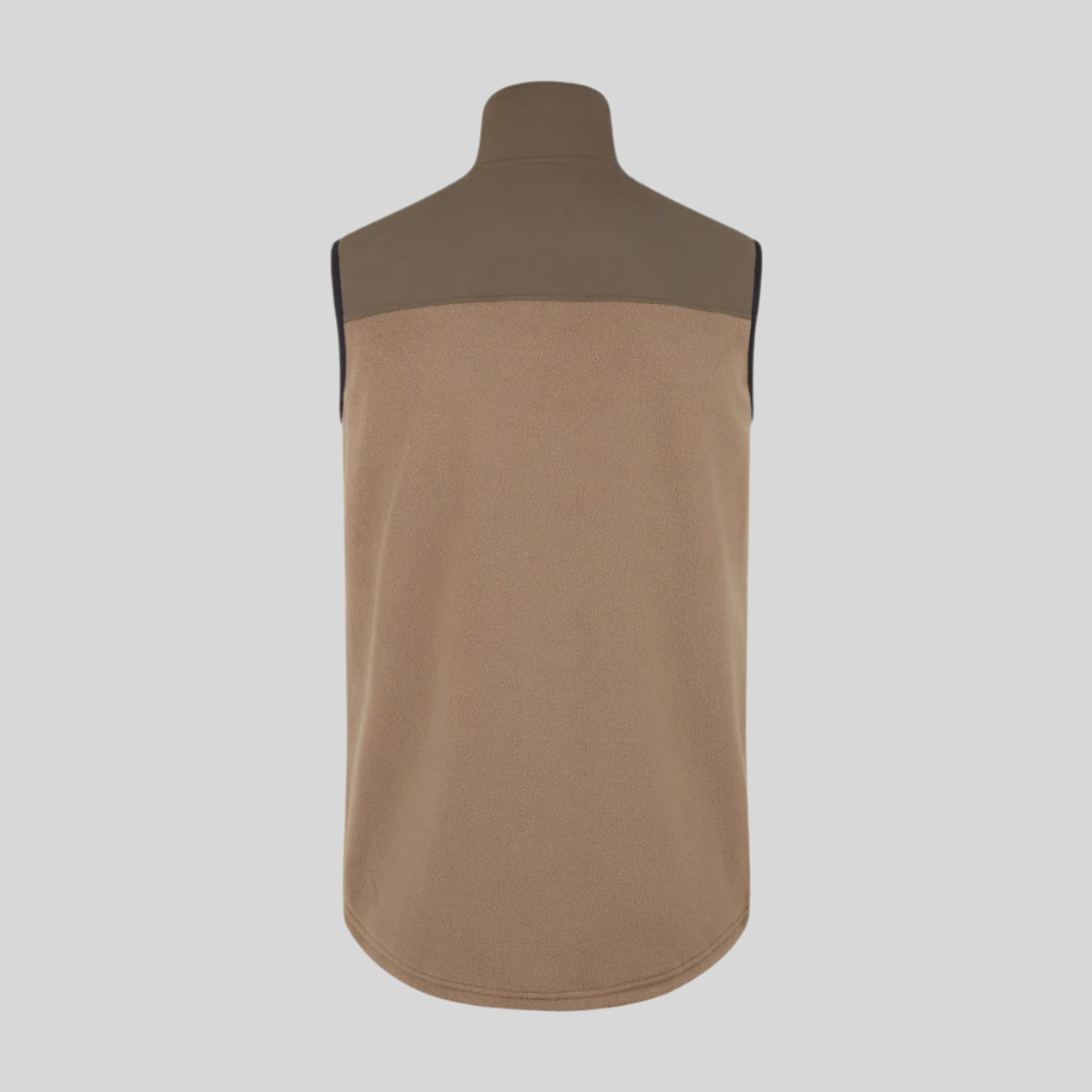 back view of brown windproof fleece gilet on a white background