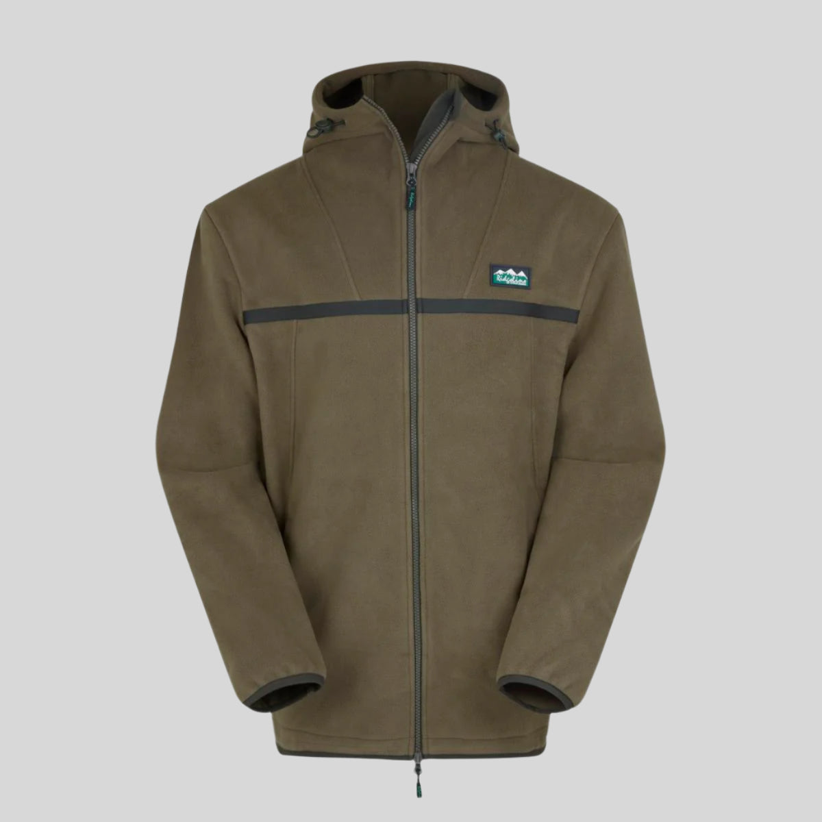 A green fleece jacket with a hood, zip pockets, and an elasticated drawcord at the hem, displayed on a white background.