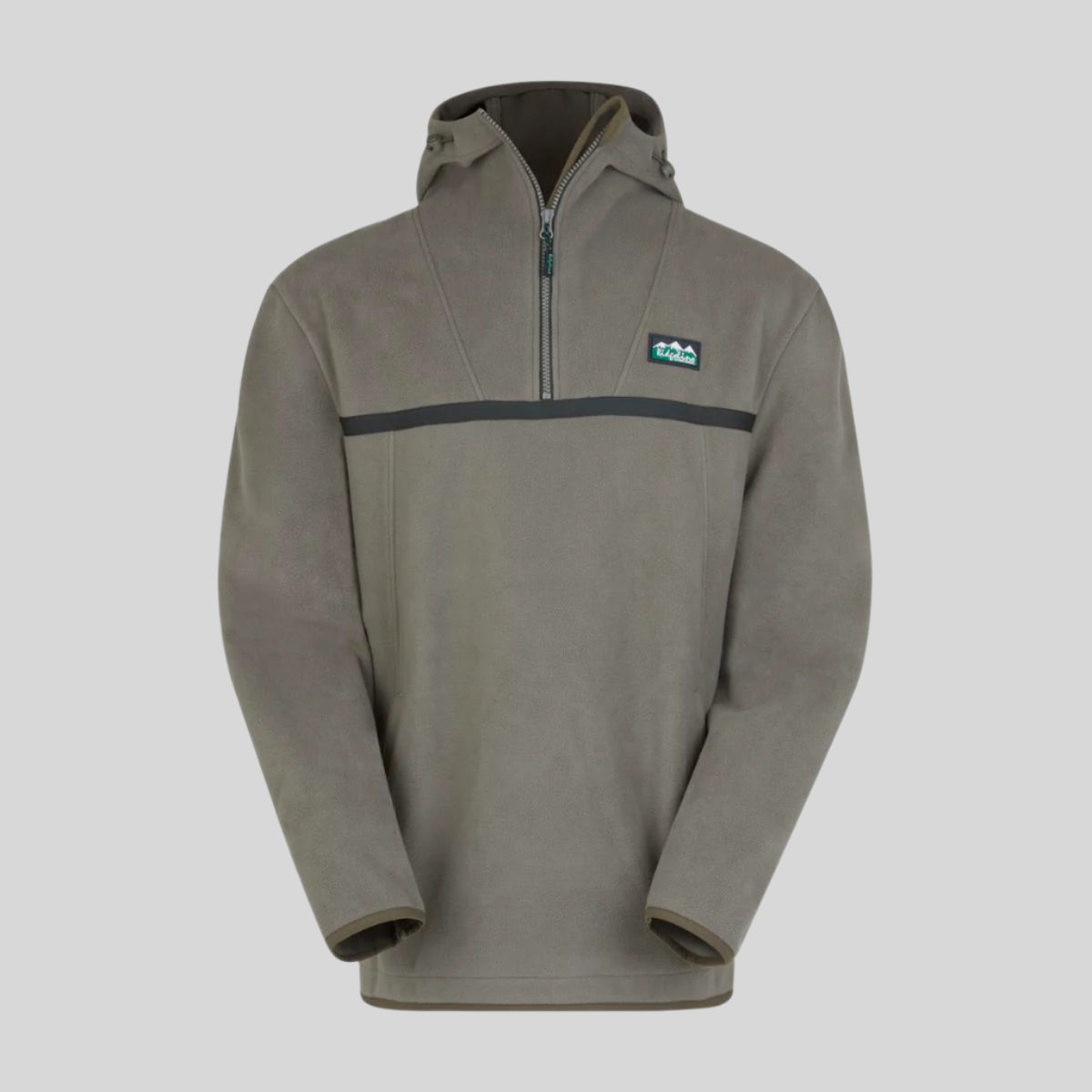 A grey fleece smock with a hood and a black stripe on the chest, featuring an elasticated drawcord at the hem. With a Ridgeline Clothing Logo on the chest