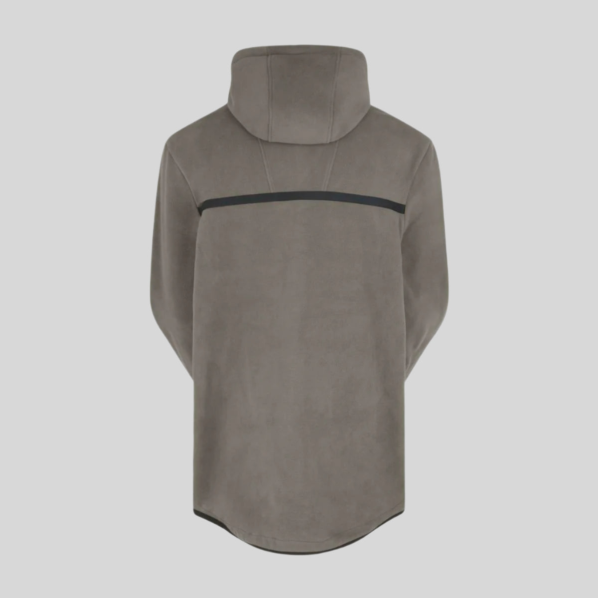 back view of a grey fleece smock with a hood and a black stripe on the back, on a white background