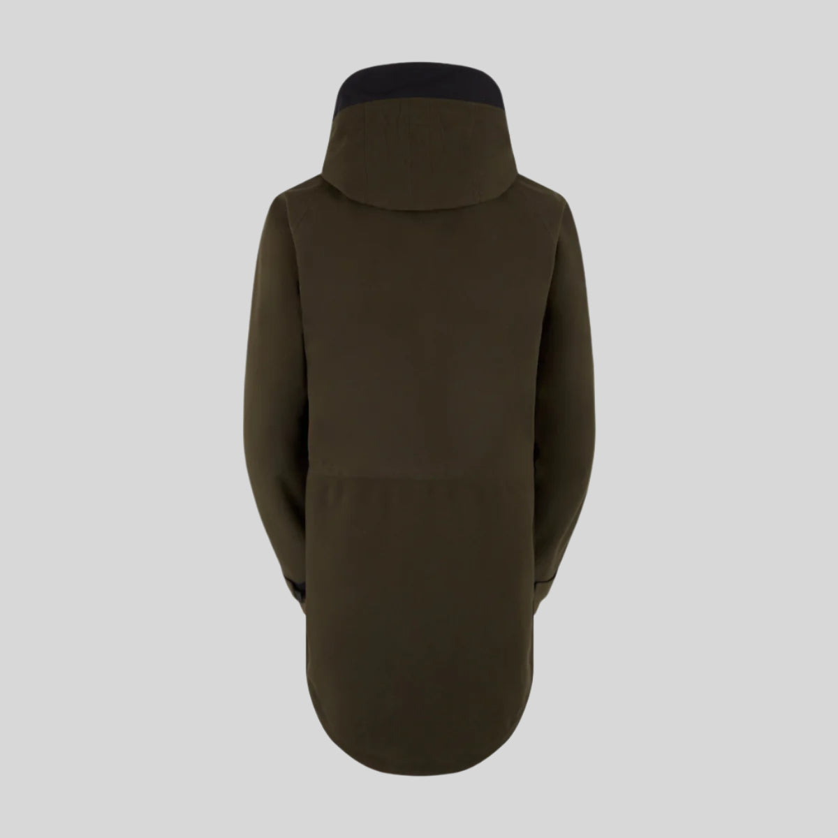 back view of a dark green-coloured Ridgeline Monsoon waterproof Jacket on a white background