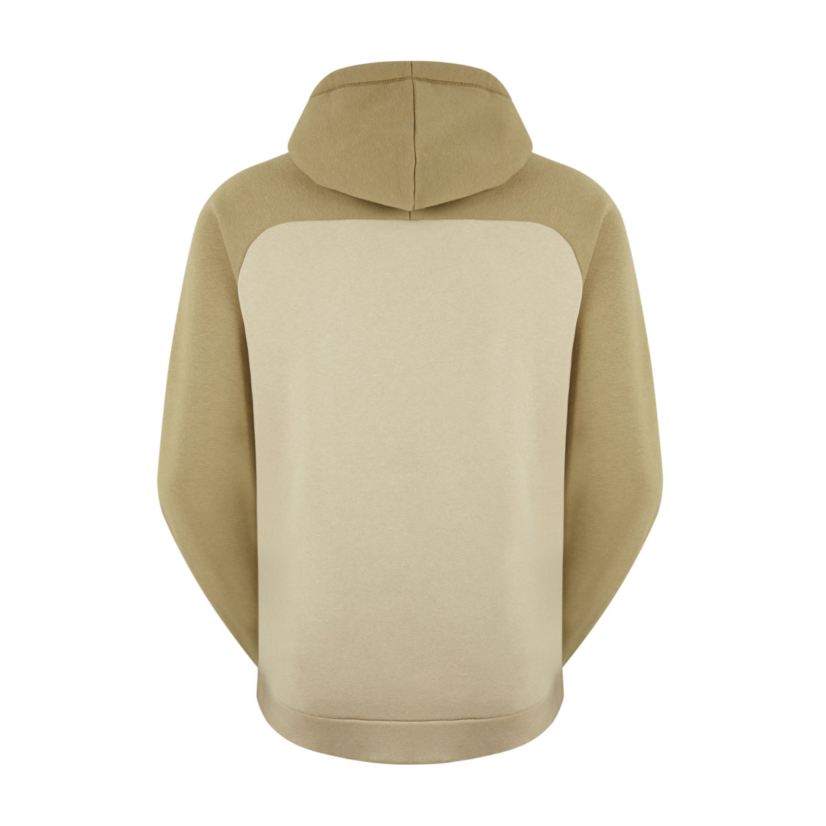 back view of a beige and brown hoodie with a hood. On a white background