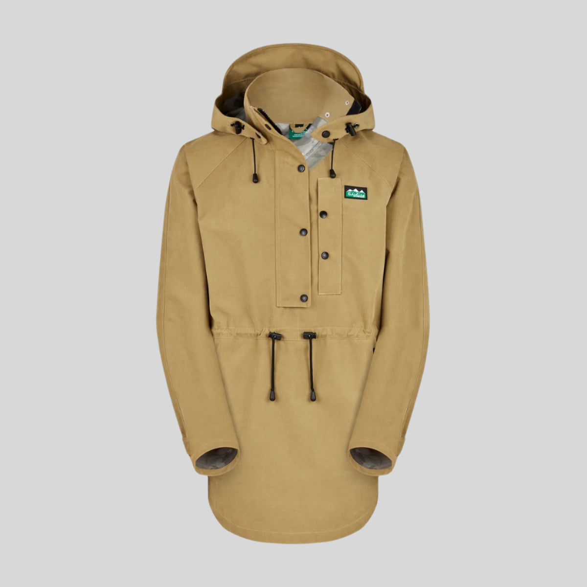 A beige Monsoon Nunatak Smock with a hood, featuring a half-length front zip, large chest pocket, and lower pockets with zippers.