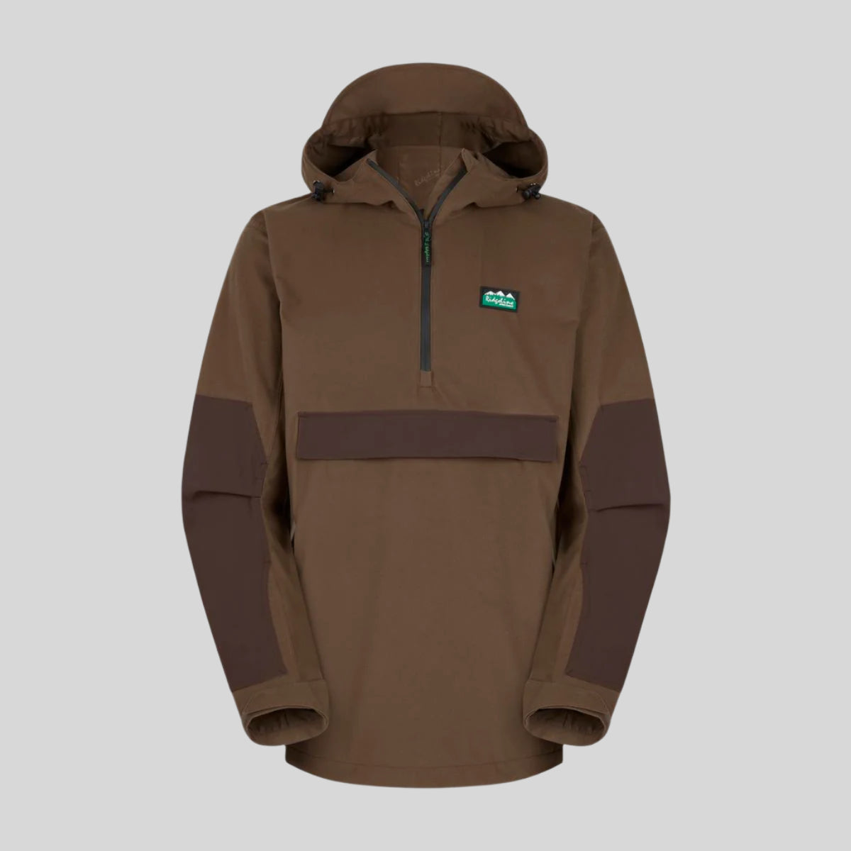 A brown waterproof smock with a hood, featuring zip pockets and adjustable cuffs. On a white background