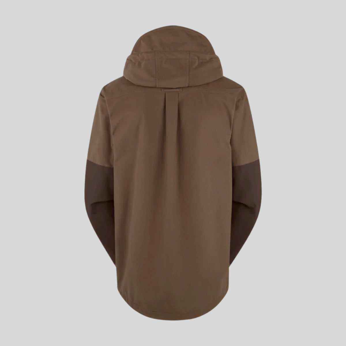 back view of brown jacket with hood. On a white background
