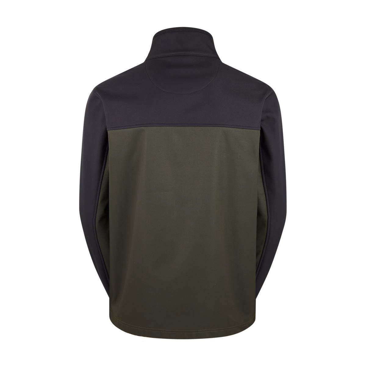 back view of black and green windproof fleece jacket on a white background