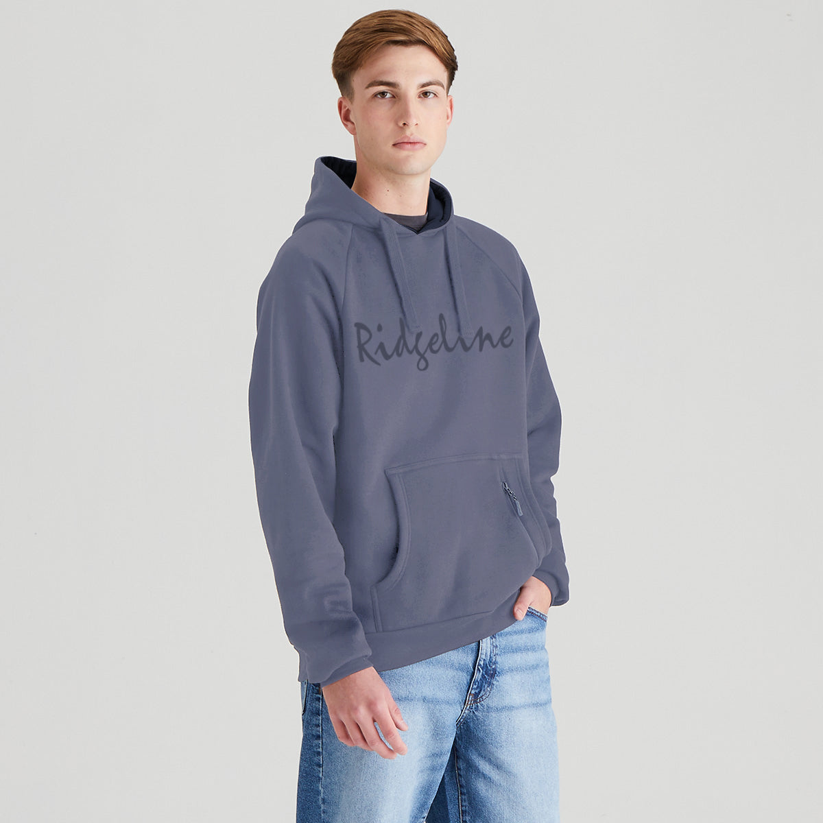 Person wearing a gray hoodie with 'Ridgeline' text on a light gray background