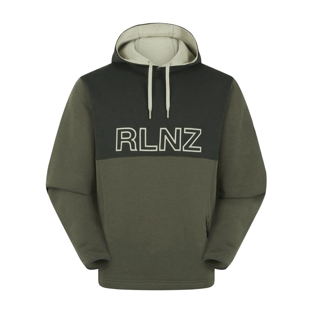 Two tone Green hoodie with 'RLNZ' logo on a white background