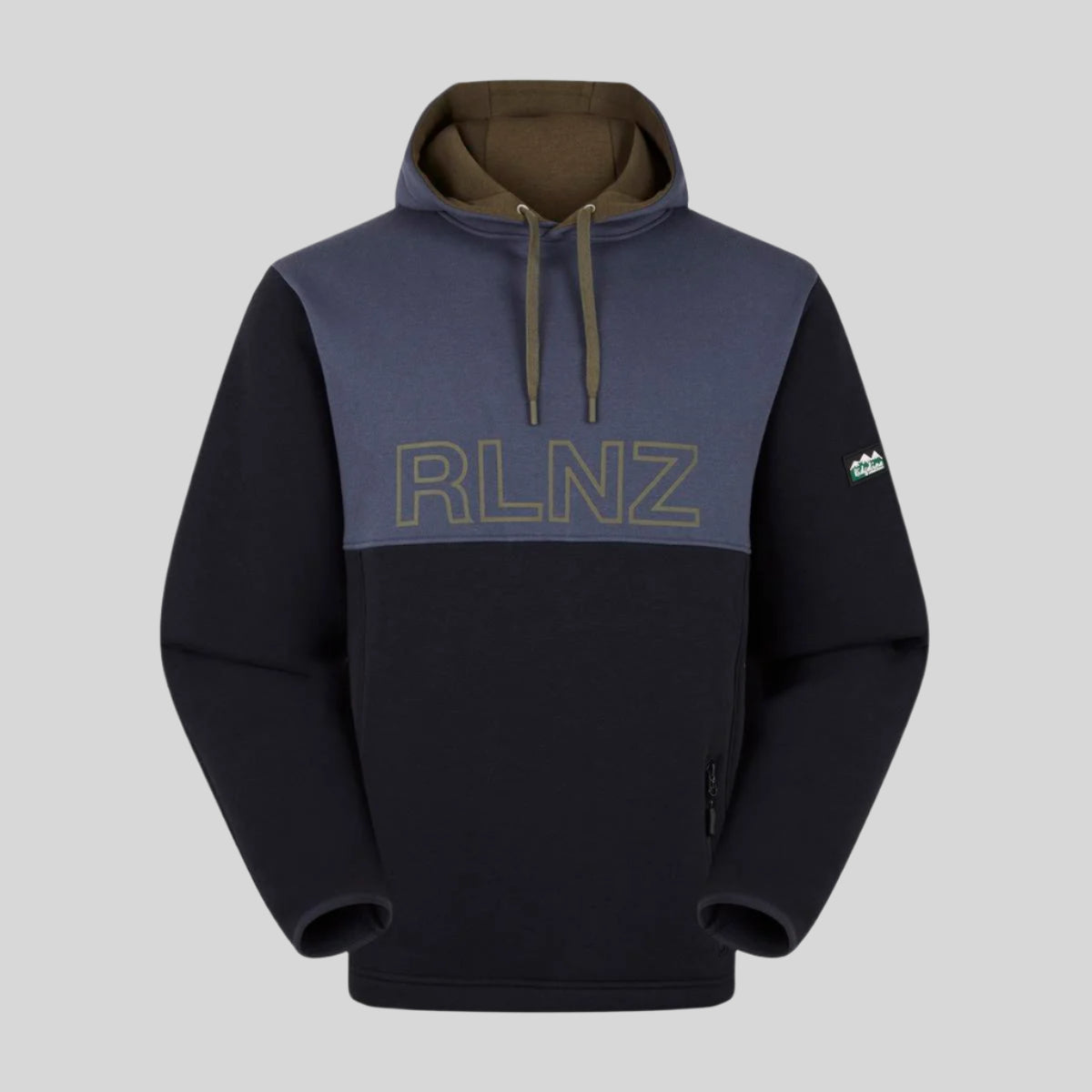 Two tone Blue hoodie with 'RLNZ' logo on a white background