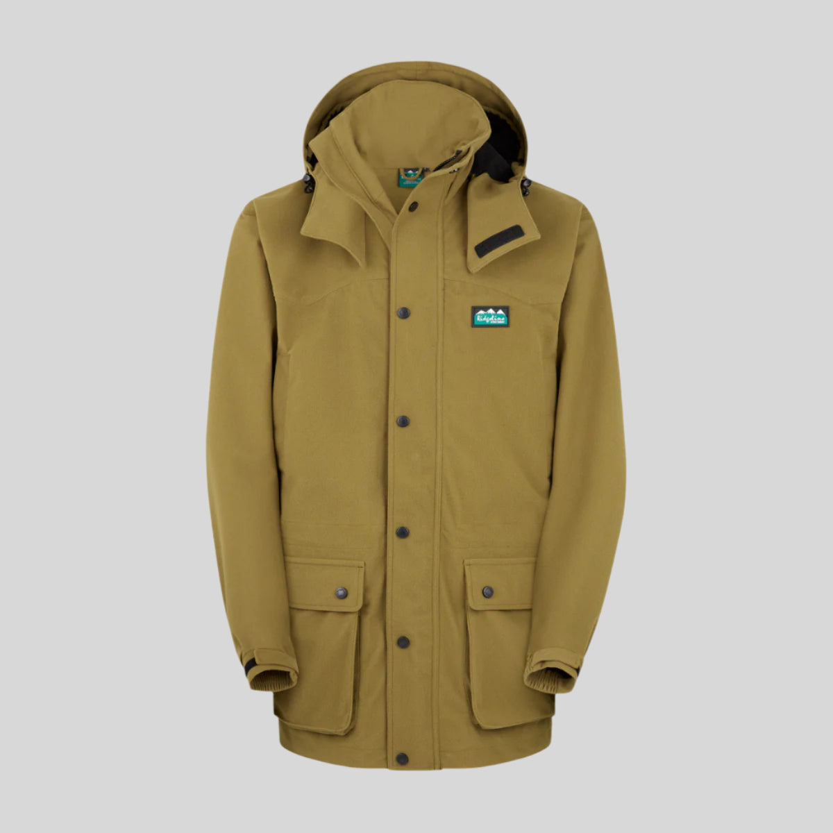 A brown-coloured Ridgeline Torrent III Jacket with a detachable hood, zip front, and multiple pockets. on a white background